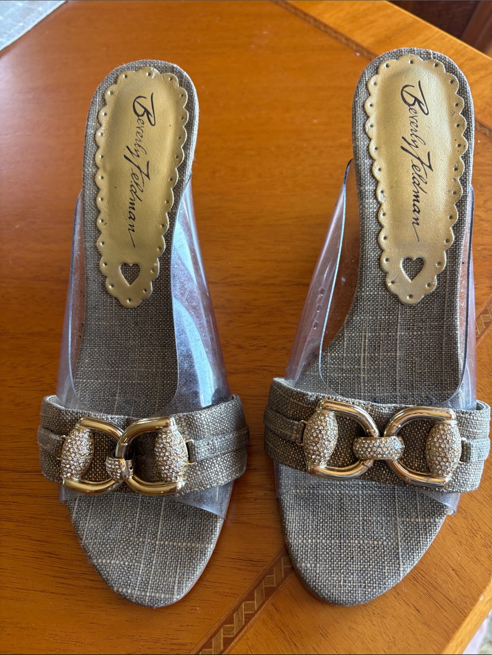 Beverly Feldman Metallic Gold Buckle Slide Mules; Sz: 6..5 Like New